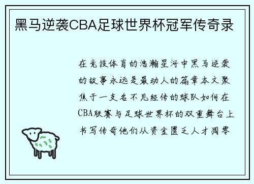 黑马逆袭CBA足球世界杯冠军传奇录