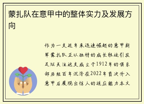 蒙扎队在意甲中的整体实力及发展方向