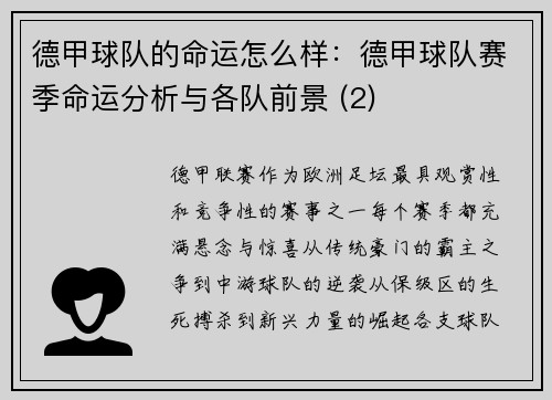 德甲球队的命运怎么样：德甲球队赛季命运分析与各队前景 (2)