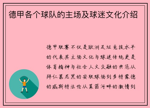 德甲各个球队的主场及球迷文化介绍